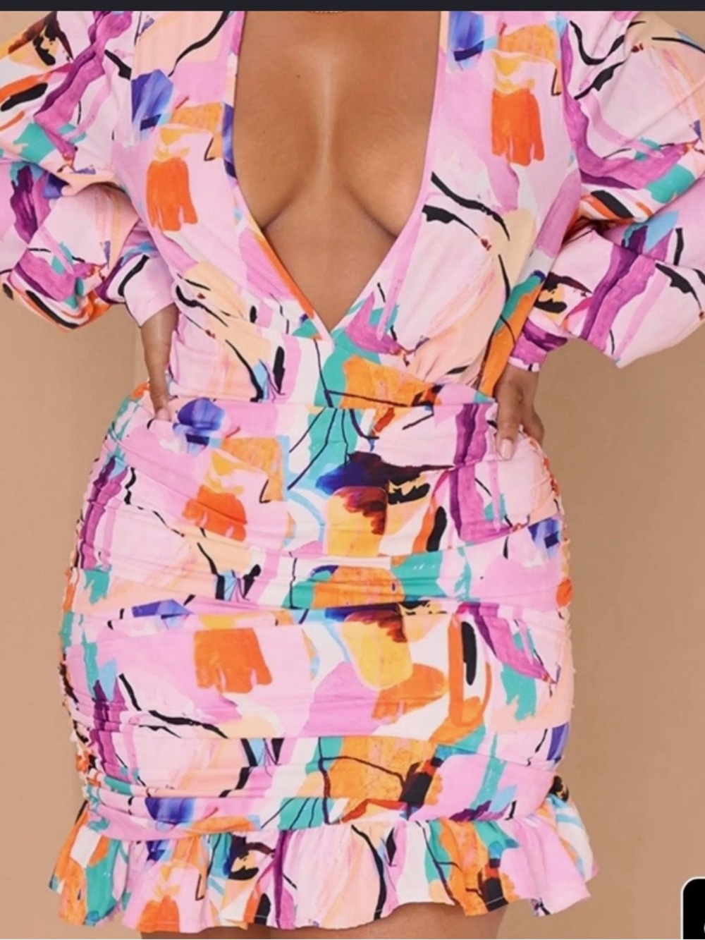 PrettyLittleThing Pink Abstract Print Ruched Mini Dress